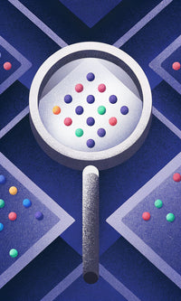 Illustration Of A Magnifying Glass Filled With Colorful Polka Dots On A Blue Background — Stock Illustration