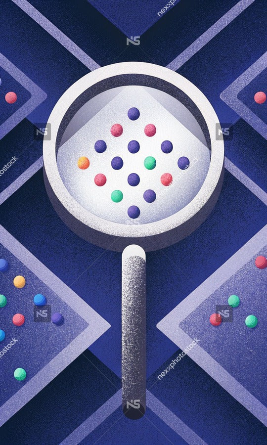 Illustration Of A Magnifying Glass Filled With Colorful Polka Dots On A Blue Background — Stock Illustration