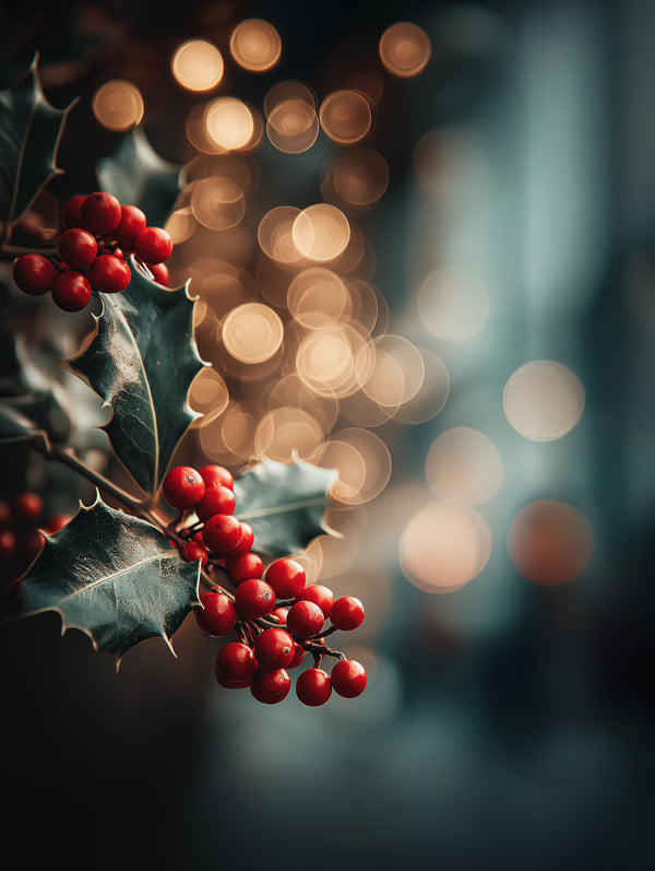 A Festive Wreath Adorned With Berries Set Against A Blurred Background Of Christmas Lights And Decorations — Stock Photo