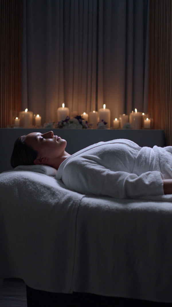 Shows A Person Lying On A Massage Table In A Dimly Lit Room With Candles Providing Soft Illumination — Stock Photo
