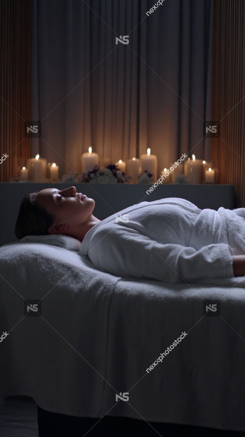Shows A Person Lying On A Massage Table In A Dimly Lit Room With Candles Providing Soft Illumination — Stock Photo