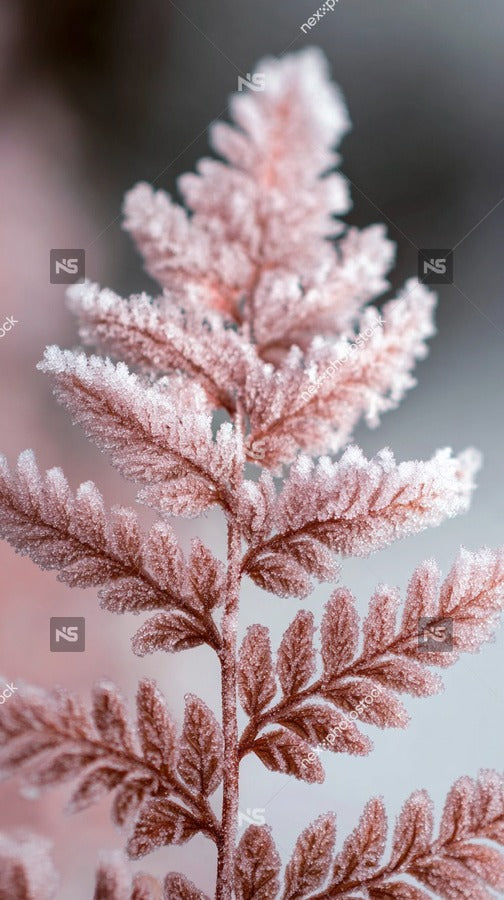 Close Up Of Frosted Red Fern With Water Droplets Set Against A Soft Focused Pink Background — Stock Photo
