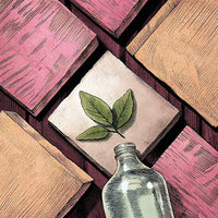 A Vintage Style Illustration Of A Single Leaf On A Wooden Surface Surrounded By Pink Tiles With A Glass Bottle In The Foreground — Stock Illustration