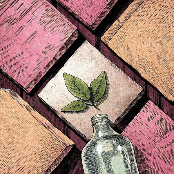 A Vintage Style Illustration Of A Single Leaf On A Wooden Surface Surrounded By Pink Tiles With A Glass Bottle In The Foreground — Stock Illustration