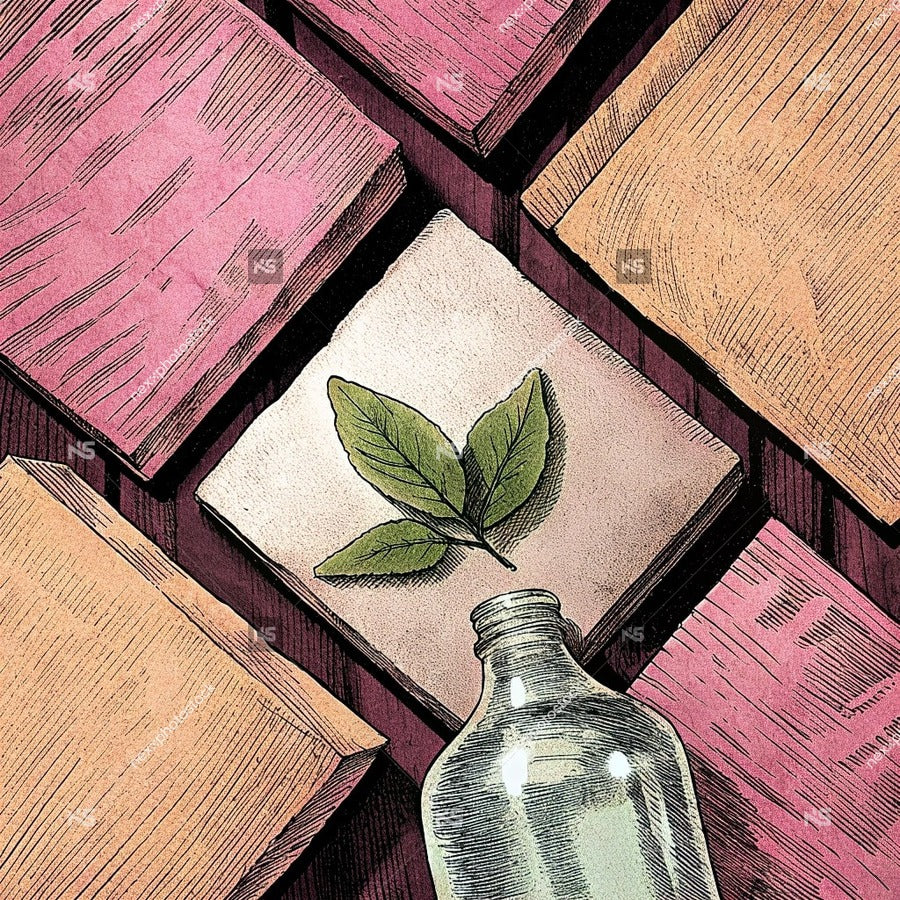 A Vintage Style Illustration Of A Single Leaf On A Wooden Surface Surrounded By Pink Tiles With A Glass Bottle In The Foreground — Stock Illustration
