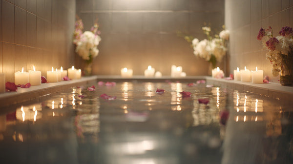 Shows A Serene Indoor Setting With A Focus On A Bathtub Filled With Water And Adorned With Lit Candles — Stock Photo