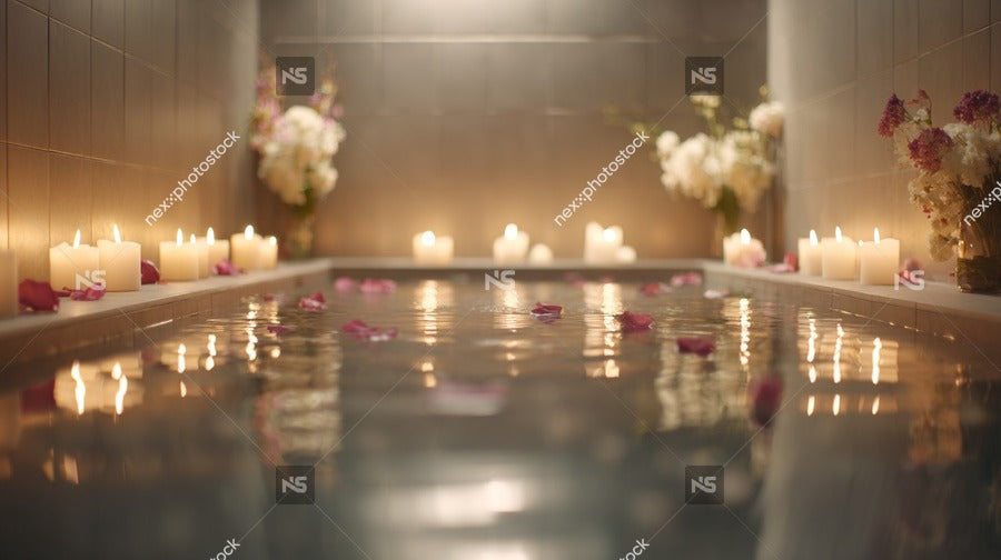 Shows A Serene Indoor Setting With A Focus On A Bathtub Filled With Water And Adorned With Lit Candles — Stock Photo