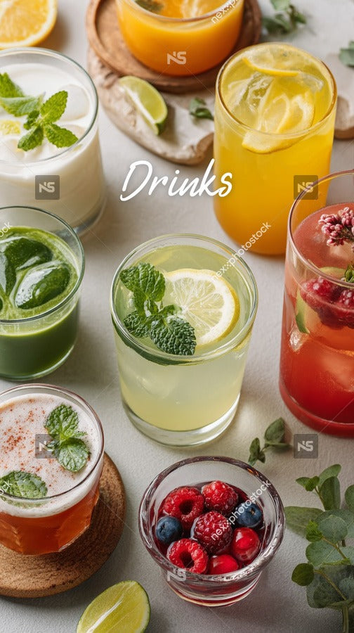 A Collection Of Refreshing Drinks Including Cocktails And Mocktails Displayed On A Table With A White Background — Stock Photo
