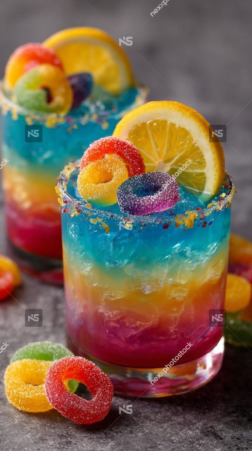 Colorful Cocktails In Glasses Garnished With Fruit Slices And Candy On A Table — Stock Photo