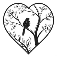 Black And White Illustration Of A Bird Perched On A Tree Branch Within A Heart Shaped Outline Surrounded By Leaves And Branches — Stock Vector