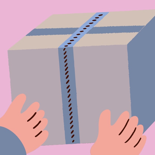 Hand Holding A Large Blue Box With A White Stripe And A Black Line Across The Middle — Stock Vector