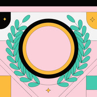Colorful Graphic Design With A Circular Emblem And Laurel Wreath On A Pink Background — Stock Vector