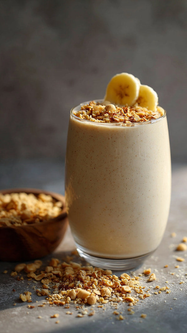 A Glass Of Banana Smoothie Topped With Nuts Placed On A Table — Stock Photo