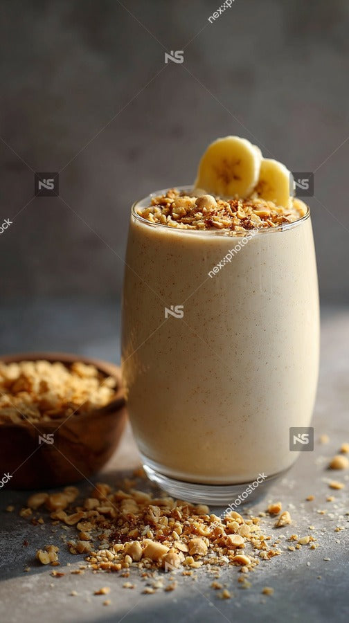 A Glass Of Banana Smoothie Topped With Nuts Placed On A Table — Stock Photo