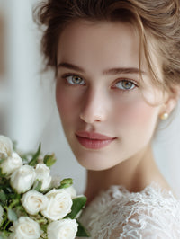 A Bride In A White Wedding Dress Poses For A Portrait With Her Eyes Closed Holding A Bouquet Of Flowers — Stock Photo
