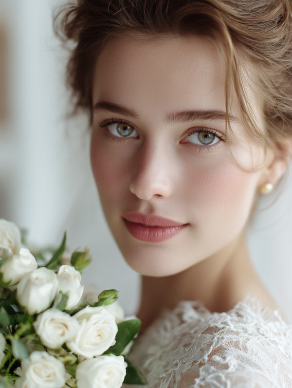 A Bride In A White Wedding Dress Poses For A Portrait With Her Eyes Closed Holding A Bouquet Of Flowers — Stock Photo