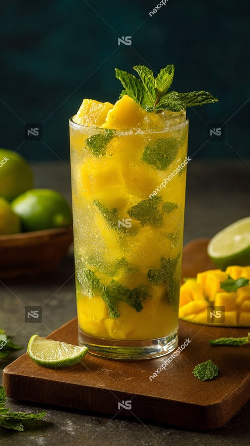 A Mojito Cocktail Garnished With Lime Slices Served In A Glass Placed On A Wooden Table — Stock Photo