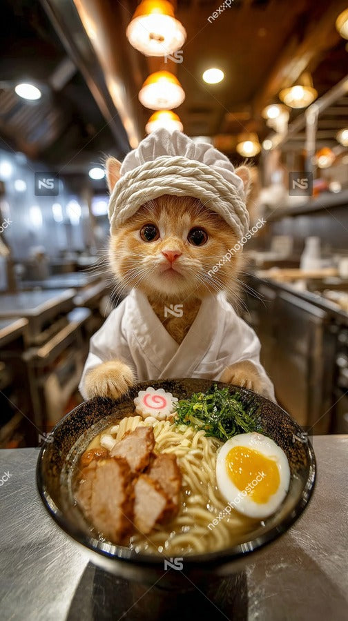 A Cat Dressed As A Chef Stands Next To A Bowl Of Ramen Wearing A White Chef S Hat And Apron — Stock Photo