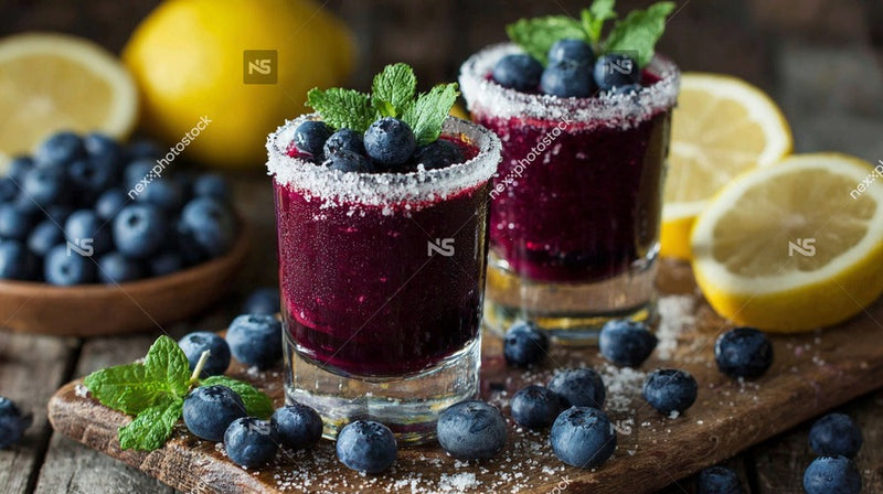 Two Glasses Of Blueberry Mojito Cocktails Garnished With Lemon Wedges And Mint Leaves Placed On A Wooden Surface Surrounded By Fresh Blueberries — Stock Photo