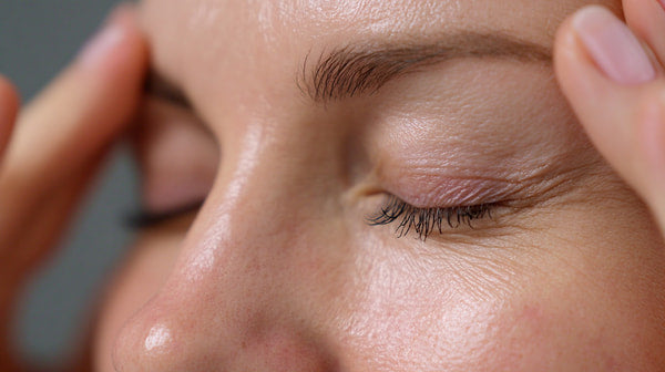 A Close Up Portrait Of A Person With Their Eyes Closed And Hands Placed On Their Forehead — Stock Photo