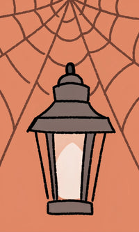 Black And White Illustration Of A Spider Web With A Lit Lantern Hanging From It — Stock Illustration