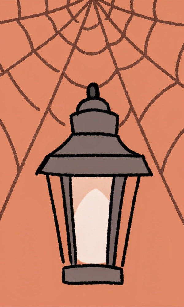 Black And White Illustration Of A Spider Web With A Lit Lantern Hanging From It — Stock Illustration