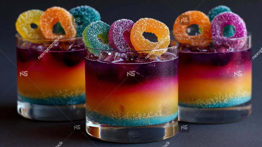 Three Glasses Of Colorful Cocktails With Rainbow Colored Candy On Top Arranged On A Dark Surface — Stock Photo