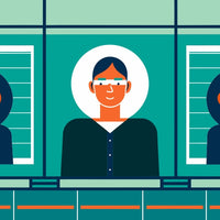 A Digital Illustration Of A Person Sitting In Front Of A Computer Screen Surrounded By Three Windows With Silhouettes Of People — Stock Vector
