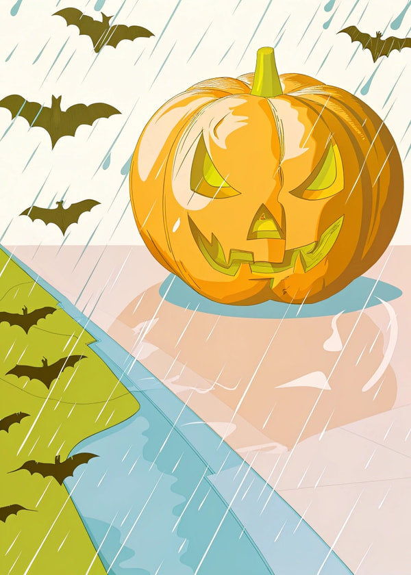 Orange Pumpkin With Carved Face Sitting In Front Of A Rainy Window Surrounded By Bats And Bat Silhouettes — Stock Illustration