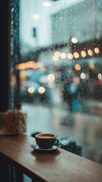 A Rainy Night Cafe Scene With A Cup Of Coffee And A Window View — Stock Photo