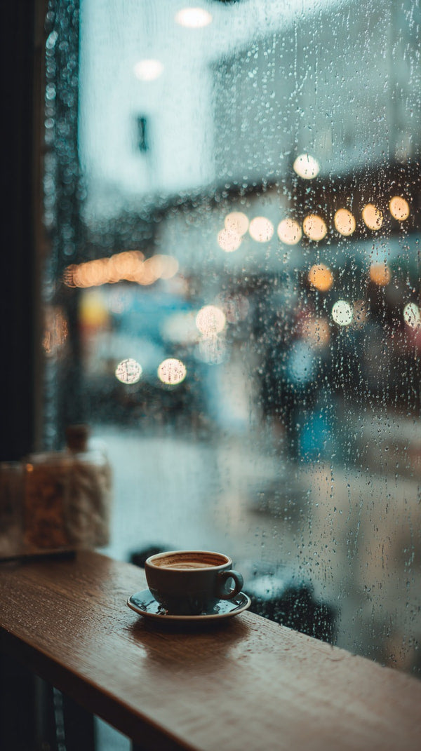 A Rainy Night Cafe Scene With A Cup Of Coffee And A Window View — Stock Photo