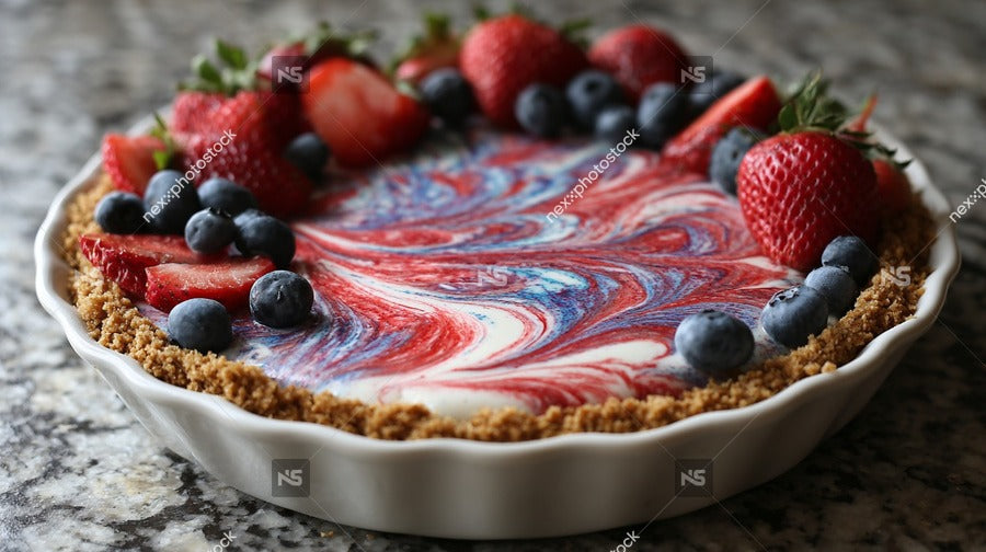 A Plate Of Colorful Dessert With A Swirl Pattern Topped With Fresh Strawberries And Blueberries Placed On A Table — Stock Photo