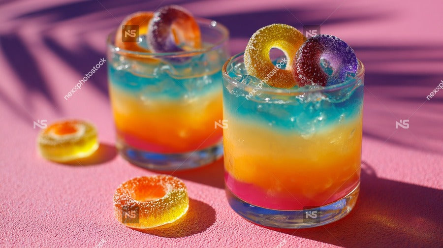 Two Glasses Of Colorful Cocktails Garnished With Gummy Bears Placed On A Pink Surface — Stock Photo