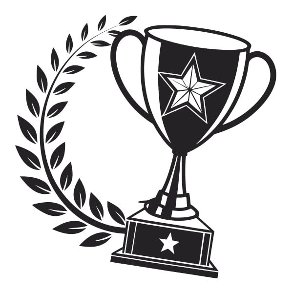 Black And White Trophy With A Star Emblem Placed On A Podium Accompanied By A Laurel Wreath — Stock Vector