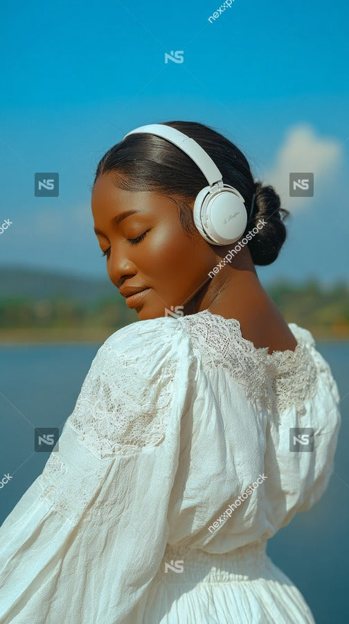 A Woman Wearing A White Dress And Headphones Is Visible — Stock Photo
