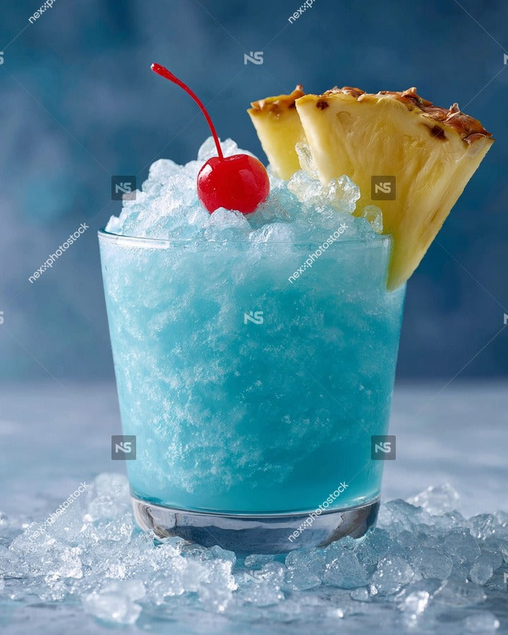A Blue Hawaiian Cocktail With A Pineapple Slice On Ice In A Glass Garnished With A Cherry And A Straw — Stock Photo