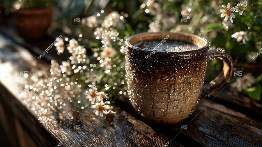 A Coffee Cup Sits On A Wooden Table Adorned With Droplets Of Water That Catch The Light — Stock Photo