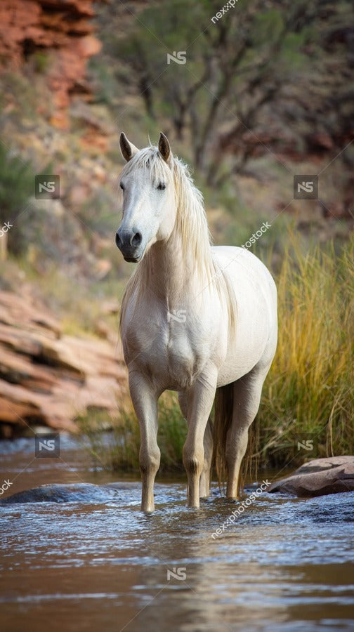 A Photograph A Horse Standing In A Body Of Water With A Backdrop Of Red Rock Formations And A Clear Sky — Stock Photo