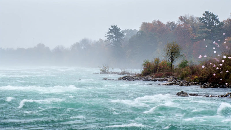 depicts a serene landscape scene with a river in the foreground and a waterfall in the background - Stock Video