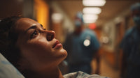 A Woman In A Hospital Gown Is Lying Down Looking Upwards With A Expression — Stock Photo