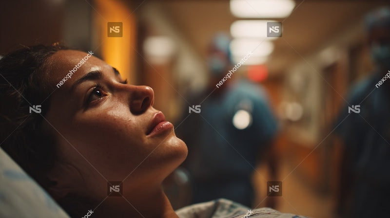 A Woman In A Hospital Gown Is Lying Down Looking Upwards With A Expression — Stock Photo