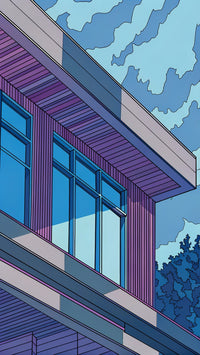 Building With Large Windows And A Flat Roof Set Against A Blue Sky Background — Stock Illustration
