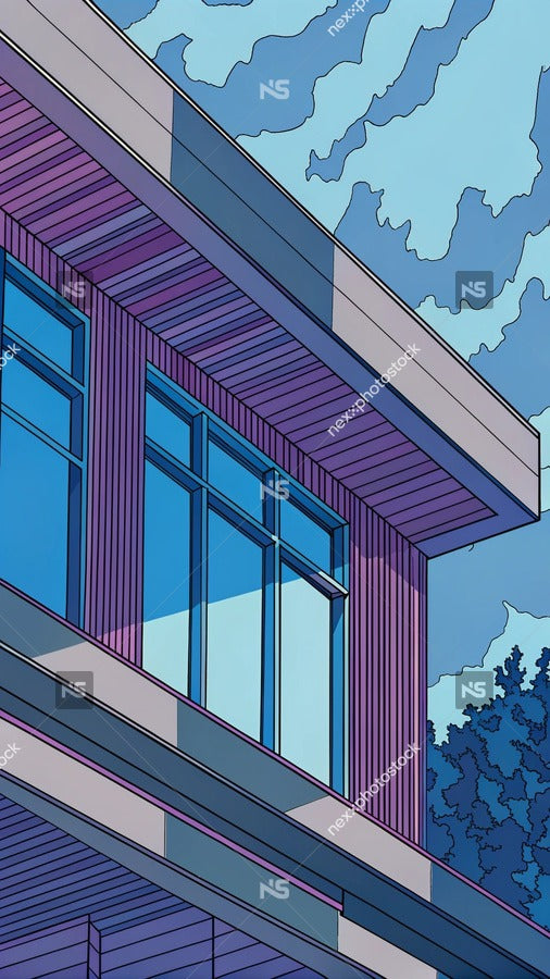 Building With Large Windows And A Flat Roof Set Against A Blue Sky Background — Stock Illustration