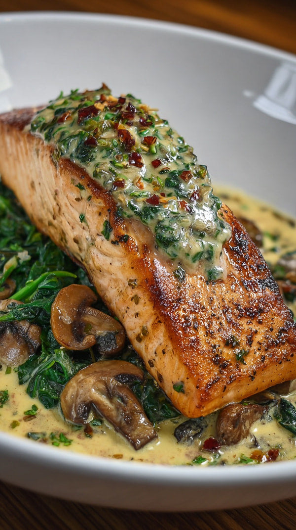 A Plate Of Salmon Topped With Spinach And Pesto Sauce Served On A White Plate — Stock Photo
