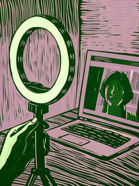 A Magnifying Mirror Is Held Up To A Laptop Screen Reflecting An Image Of A Person On The Screen — Stock Illustration