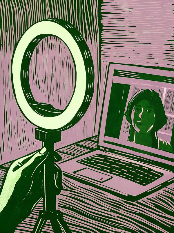 A Magnifying Mirror Is Held Up To A Laptop Screen Reflecting An Image Of A Person On The Screen — Stock Illustration