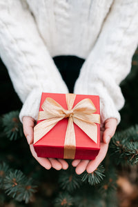 A Person Holding A Red Gift Box With A Bow Set Against A Background Of Pine Branches And A Blurred Winter Landscape — Stock Photo