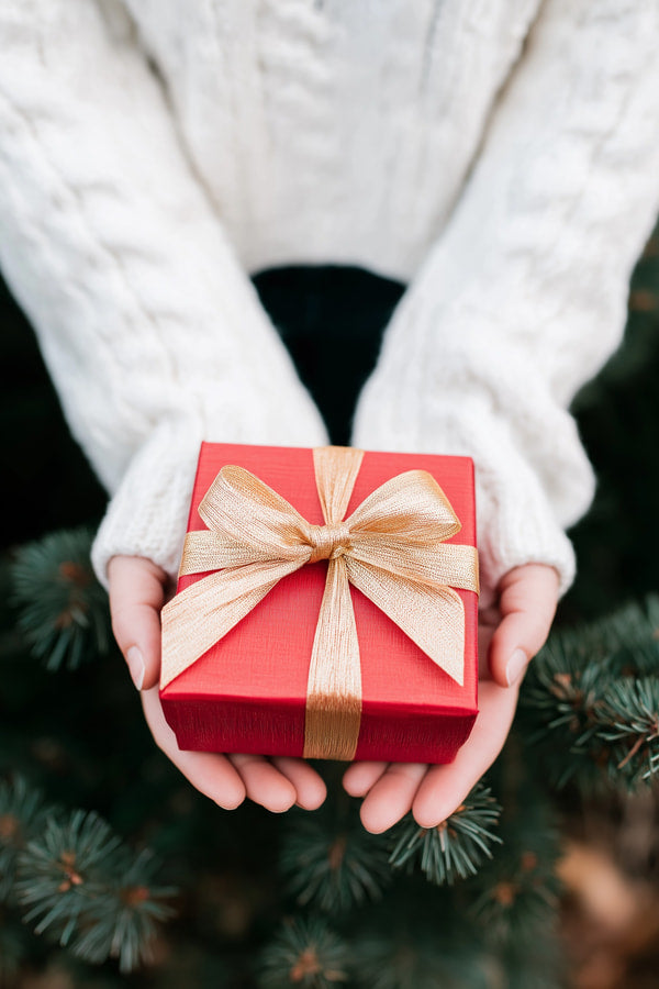 A Person Holding A Red Gift Box With A Bow Set Against A Background Of Pine Branches And A Blurred Winter Landscape — Stock Photo