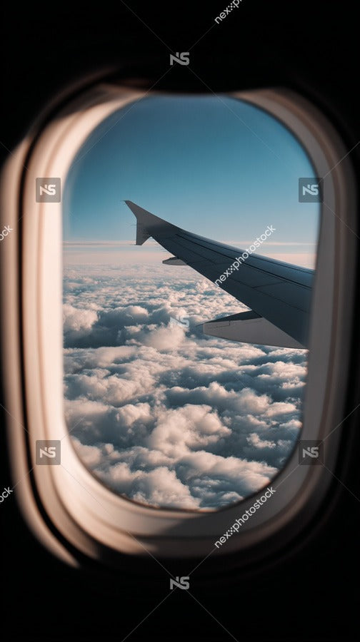 An Airplane Window View From An Airplane Seat Showcasing A Clear Blue Sky And Clouds Below — Stock Photo
