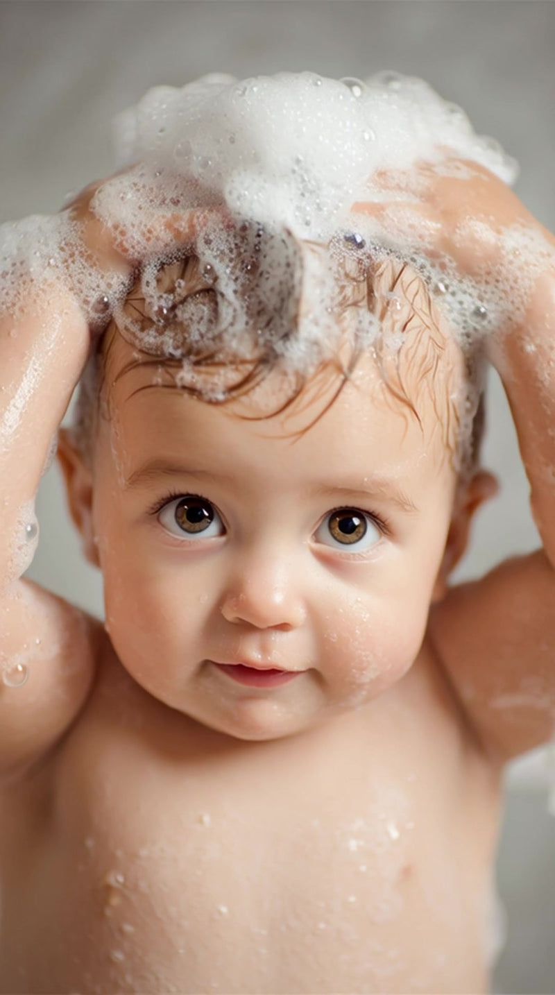 a close up photograph of a baby with soap bubbles on their head and hands - Stock Video